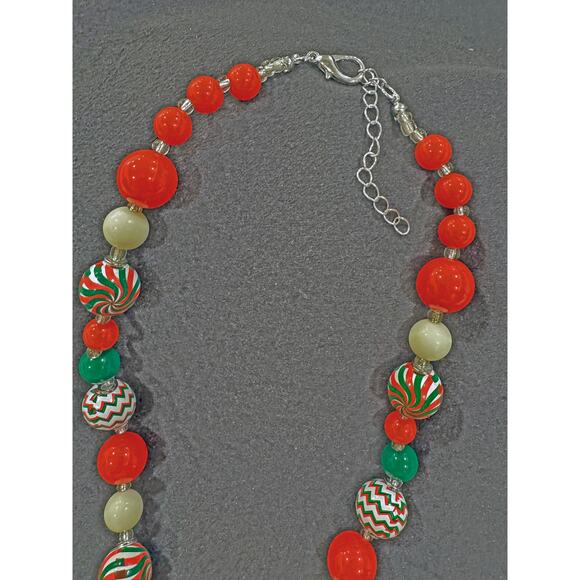 Whimsical Candy Cane & Peppermint Swirl Beaded Christmas Necklace N110 - Picture 3 of 3